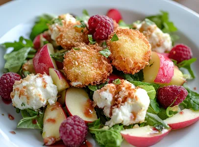 Salade fraîche avec croquettes de fromage panées, framboises, quartiers de pommes et verdure à Chénérailles dans la Creuse 23