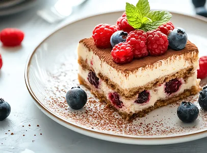 Tiramisu aux fruits rouges et myrtilles avec une feuille de menthe sur une assiette à Chénérailles dans la Creuse 23