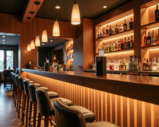 Bar moderne en bois avec des tabourets en cuir et des bouteilles éclairées à Chénérailles dans la Creuse 23